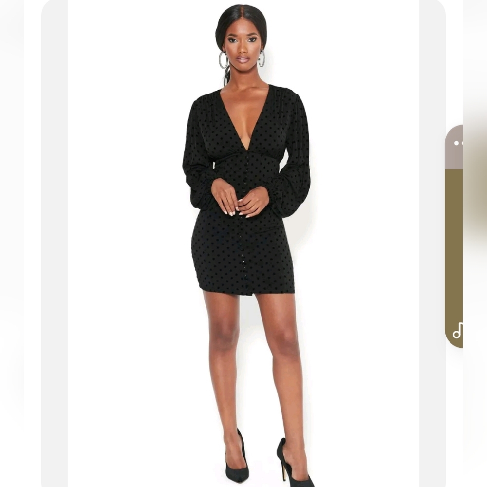 Bebe Dress Burnout Dots Plunge Vneck Fitted M Blouson Sleeve Button Black NWT